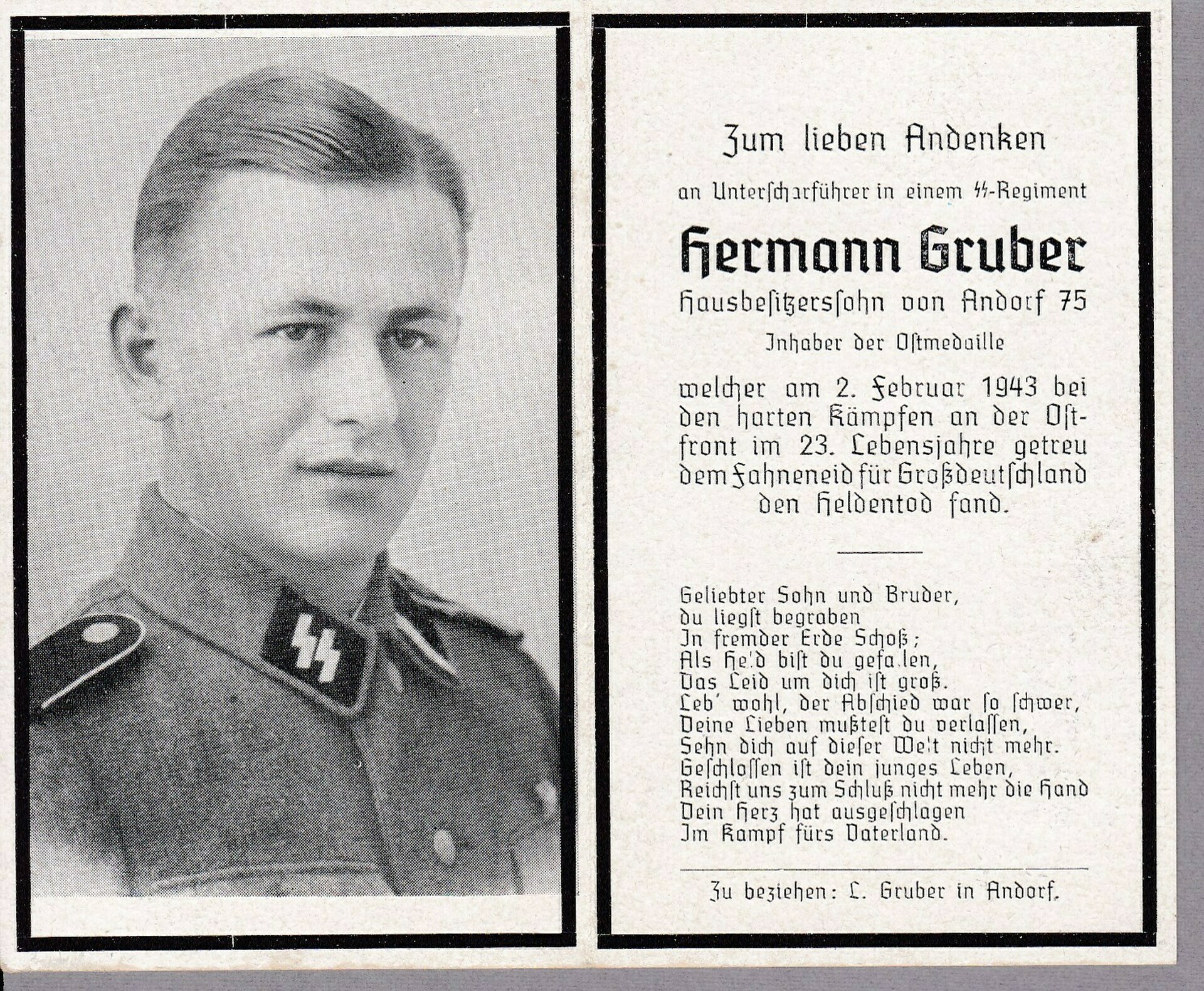 Waffen-SS Death Card Eastern Front